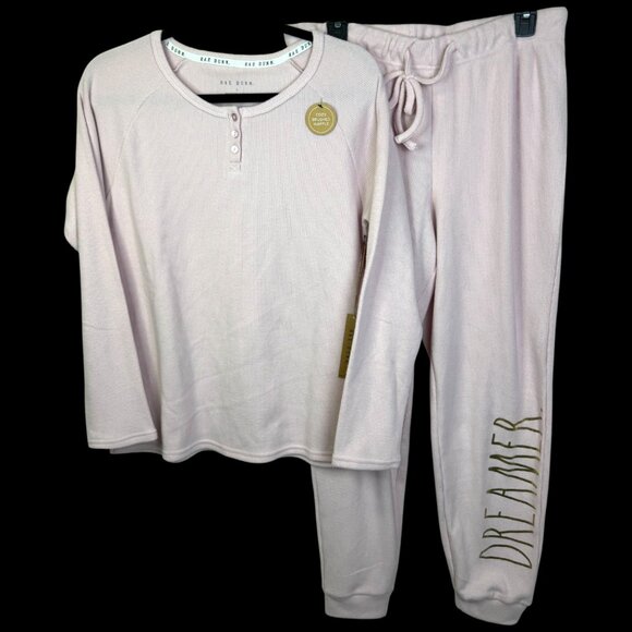 18. Large - RAE DUNN - Plush Waffle Knit Pajama Set Pink Gold "Dreamer" NEW - Picture 6 of 6